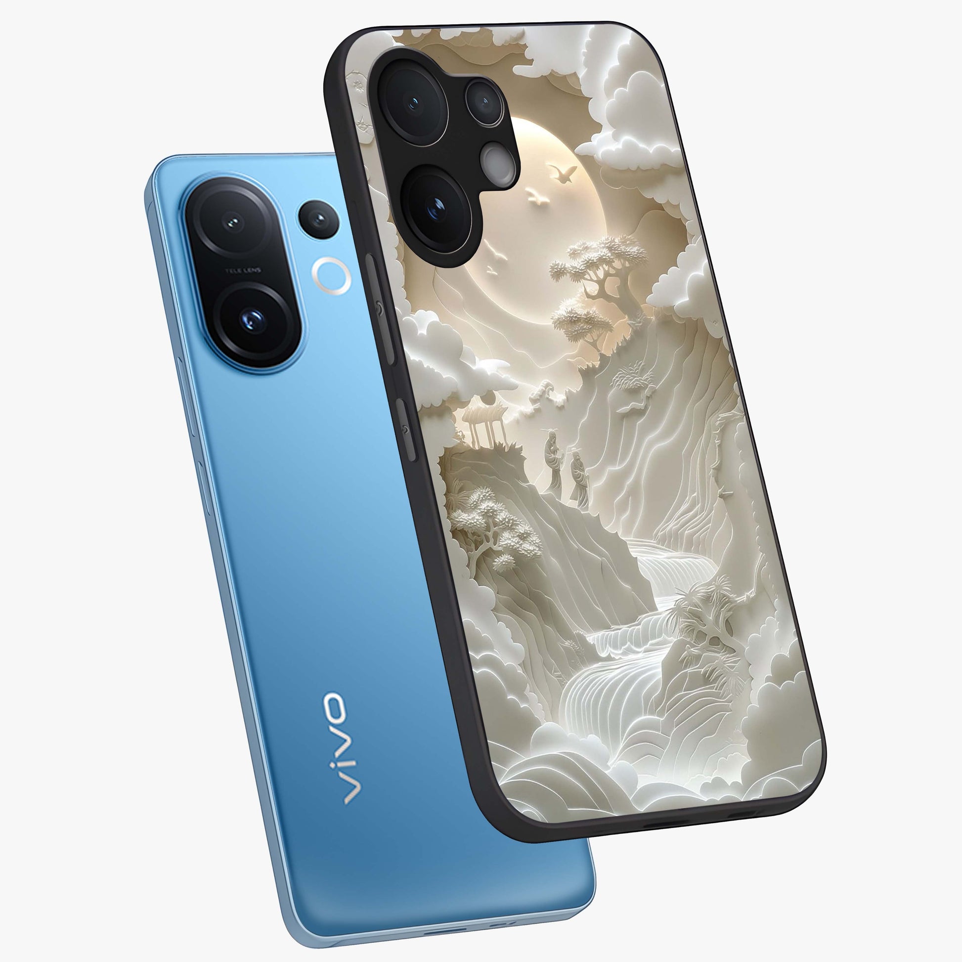 Celestial Origami Glass Case displayed in angled mockup highlighting geometric origami design with cosmic aesthetic theme.