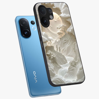 Celestial Origami Glass Case displayed in angled mockup highlighting geometric origami design with cosmic aesthetic theme.