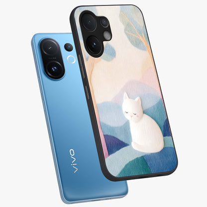 Cotton Dream Cat Glass Case displayed in angled mockup highlighting cute feline illustration with pastel aesthetic style.