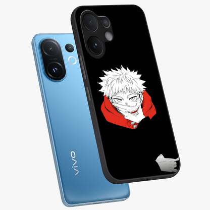 Crimson Chaos Smile Glass Case displayed in angled mockup highlighting edgy crimson smile design with graphic aesthetic.