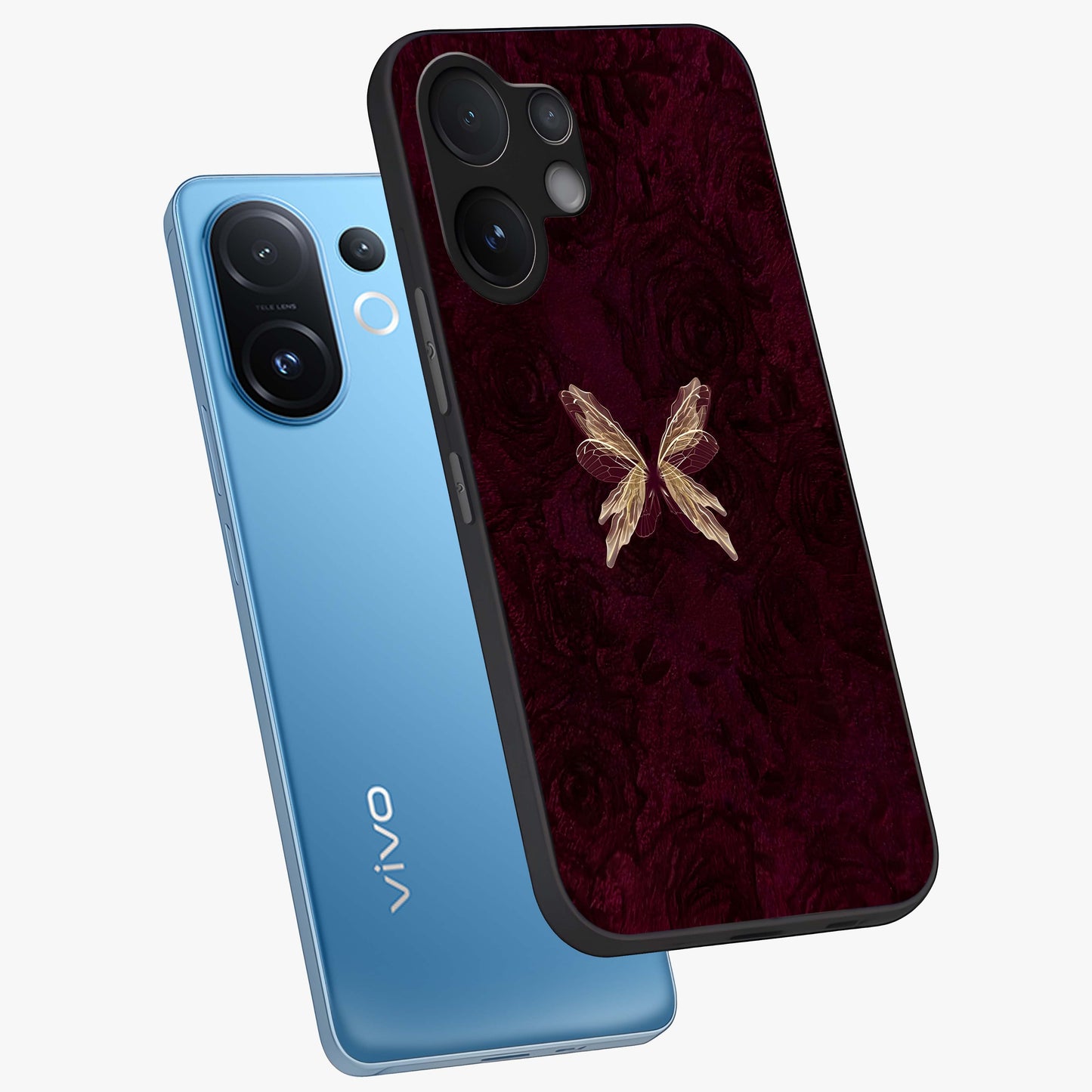Crimson Fade Butterfly Glass Case displayed in angled mockup highlighting elegant butterfly design with crimson gradient aesthetic.