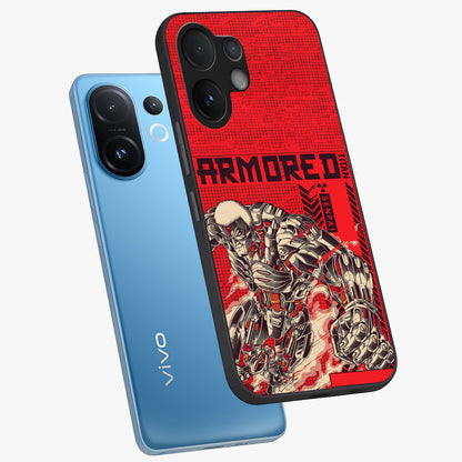Crimson Mecha Titan Glass Case displayed in angled mockup highlighting futuristic mech illustration with bold crimson aesthetic.