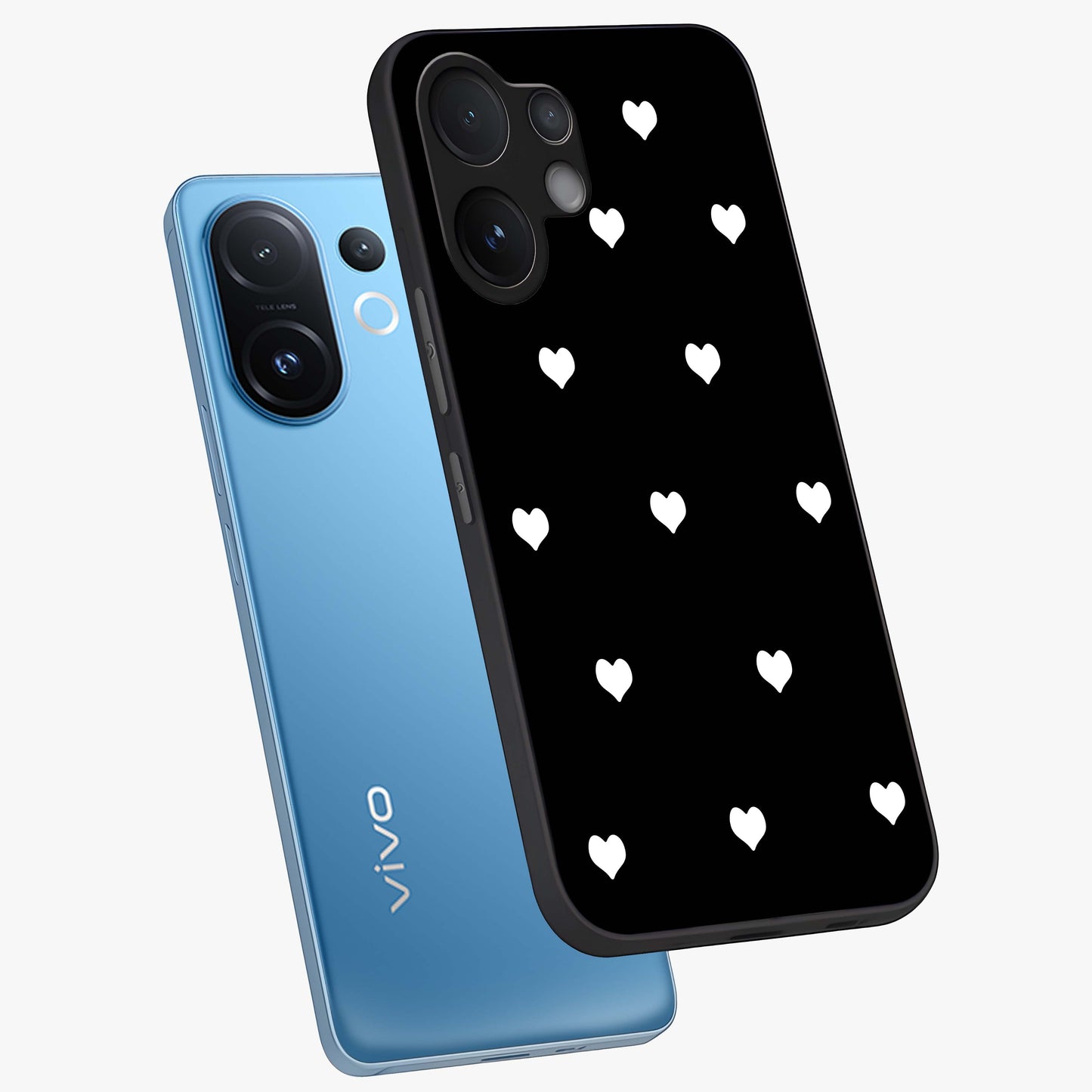 Cute And Simple White Hearts Glass Case displayed in angled mockup highlighting cute heart design with clean aesthetic style.