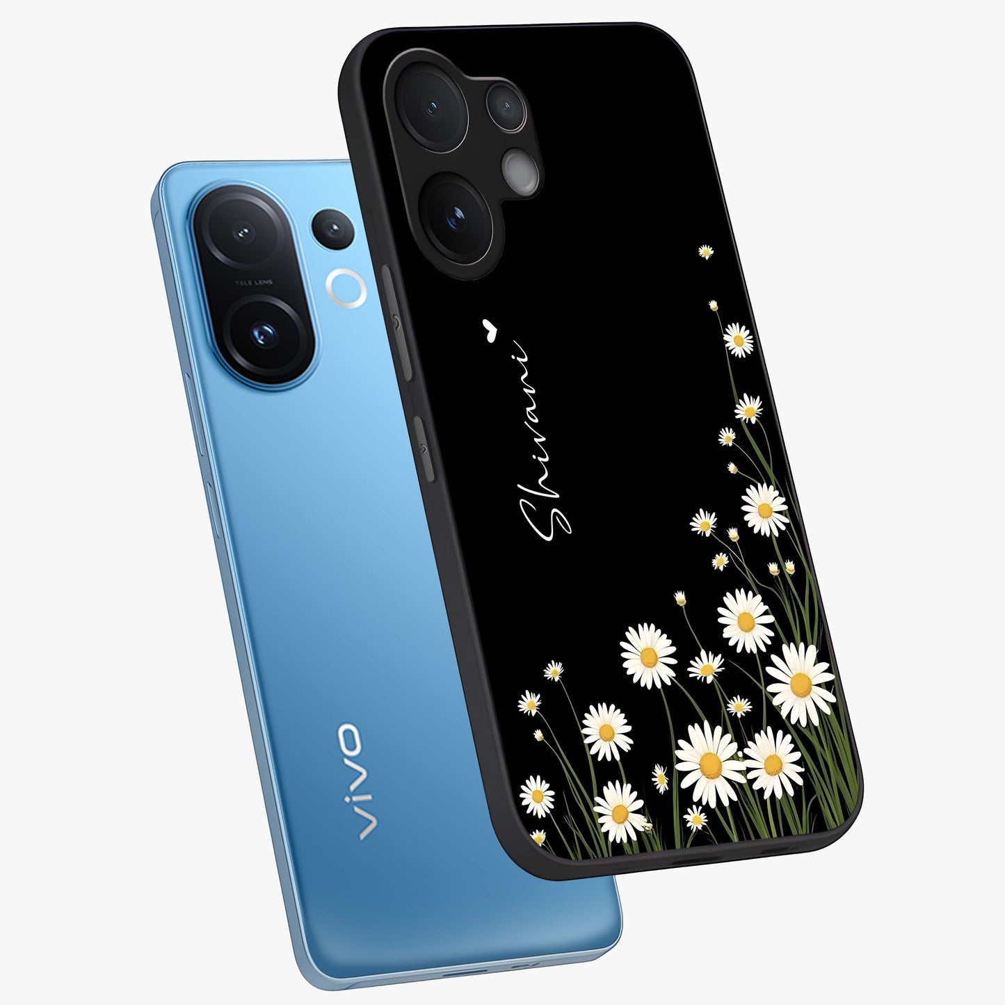 Daisy Cascade Custom Name Glass Case displayed in angled mockup highlighting delicate daisy artwork with custom name feature.