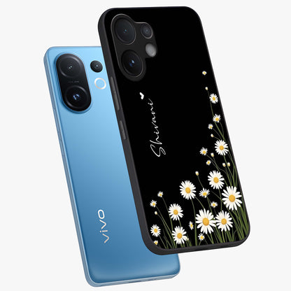 Daisy Cascade Custom Name Glass Case displayed in angled mockup highlighting delicate daisy artwork with custom name feature.