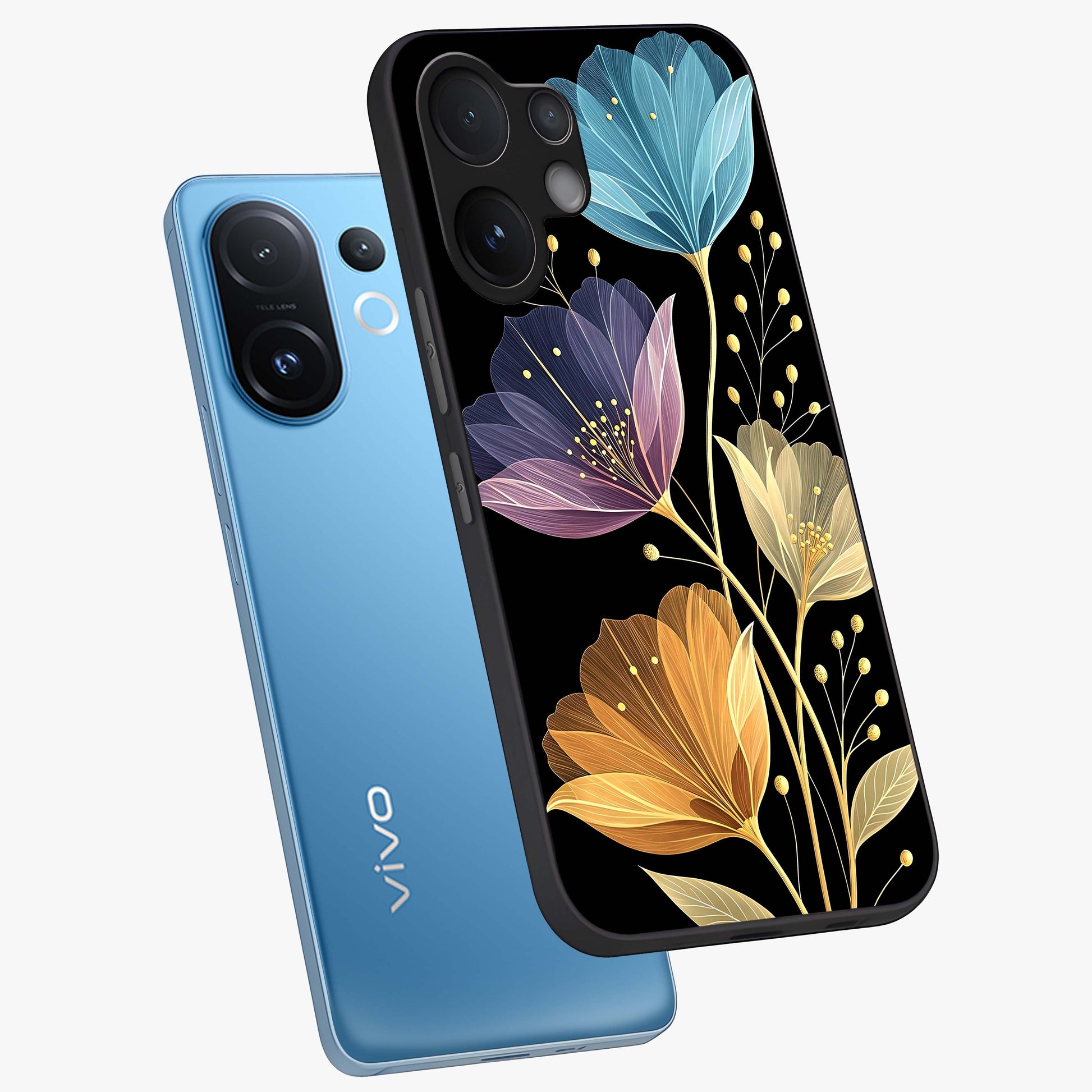 Delicate Multicolor Flowers Glass Case displayed in angled mockup highlighting colorful flower pattern with soft aesthetic style.
