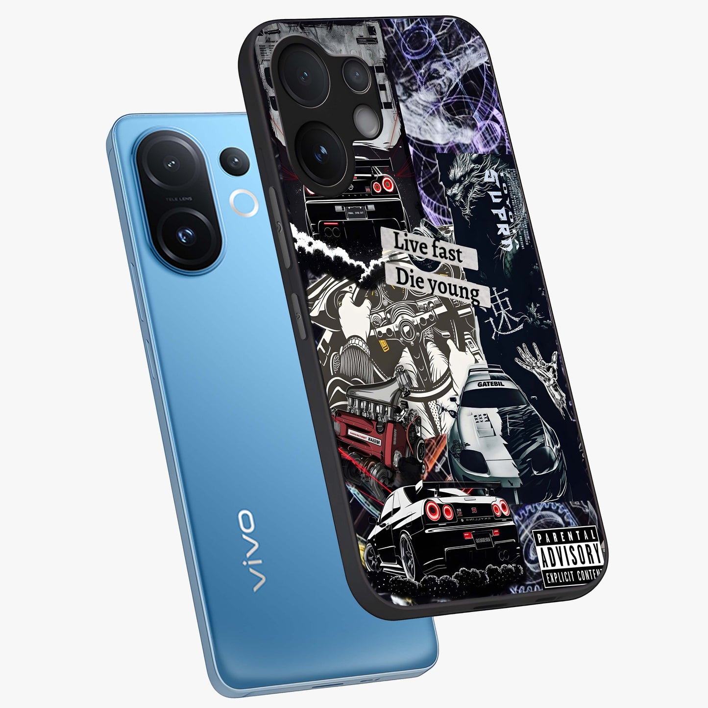 Die Young Glass Case displayed in angled mockup highlighting expressive graphic artwork with edgy aesthetic style.