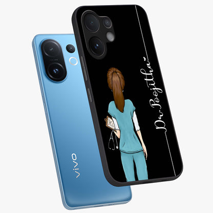 Doctor Pattern Custom Name Glass Case displayed in angled mockup highlighting doctor inspired artwork with custom name feature.