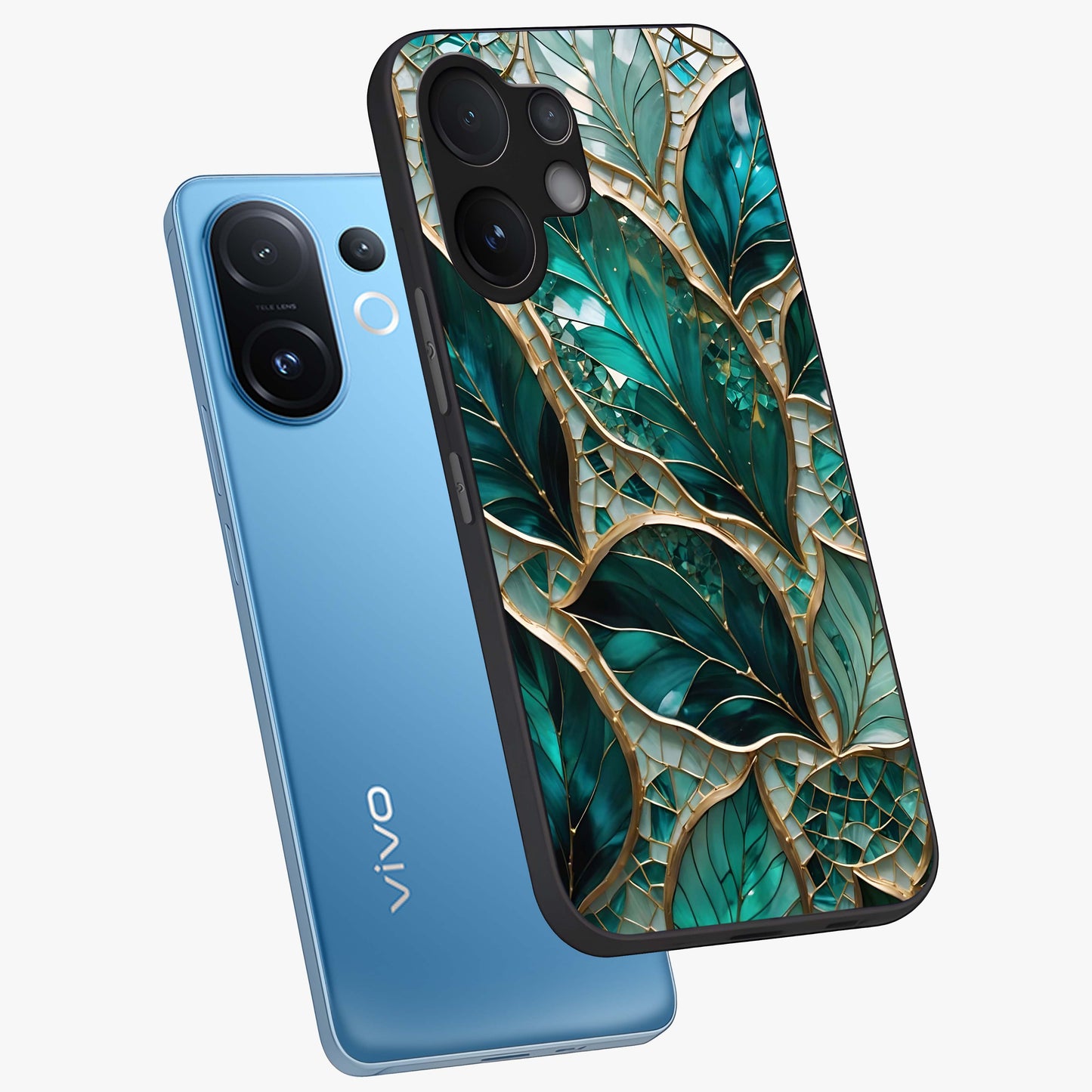 Emerald Leaf Glass Glass Case displayed in angled mockup highlighting botanical leaf illustration with elegant natural aesthetic.