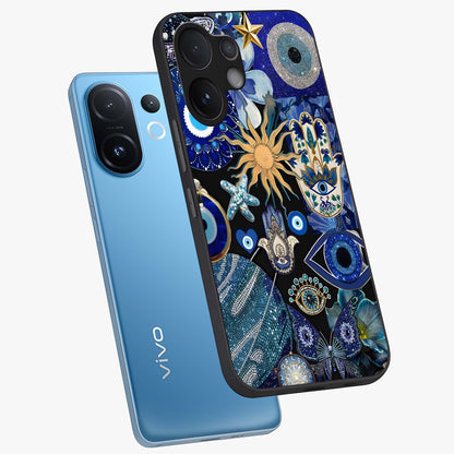 Evil Eye Charm Mix Glass Case displayed in angled mockup highlighting protective evil eye symbols with spiritual aesthetic design.