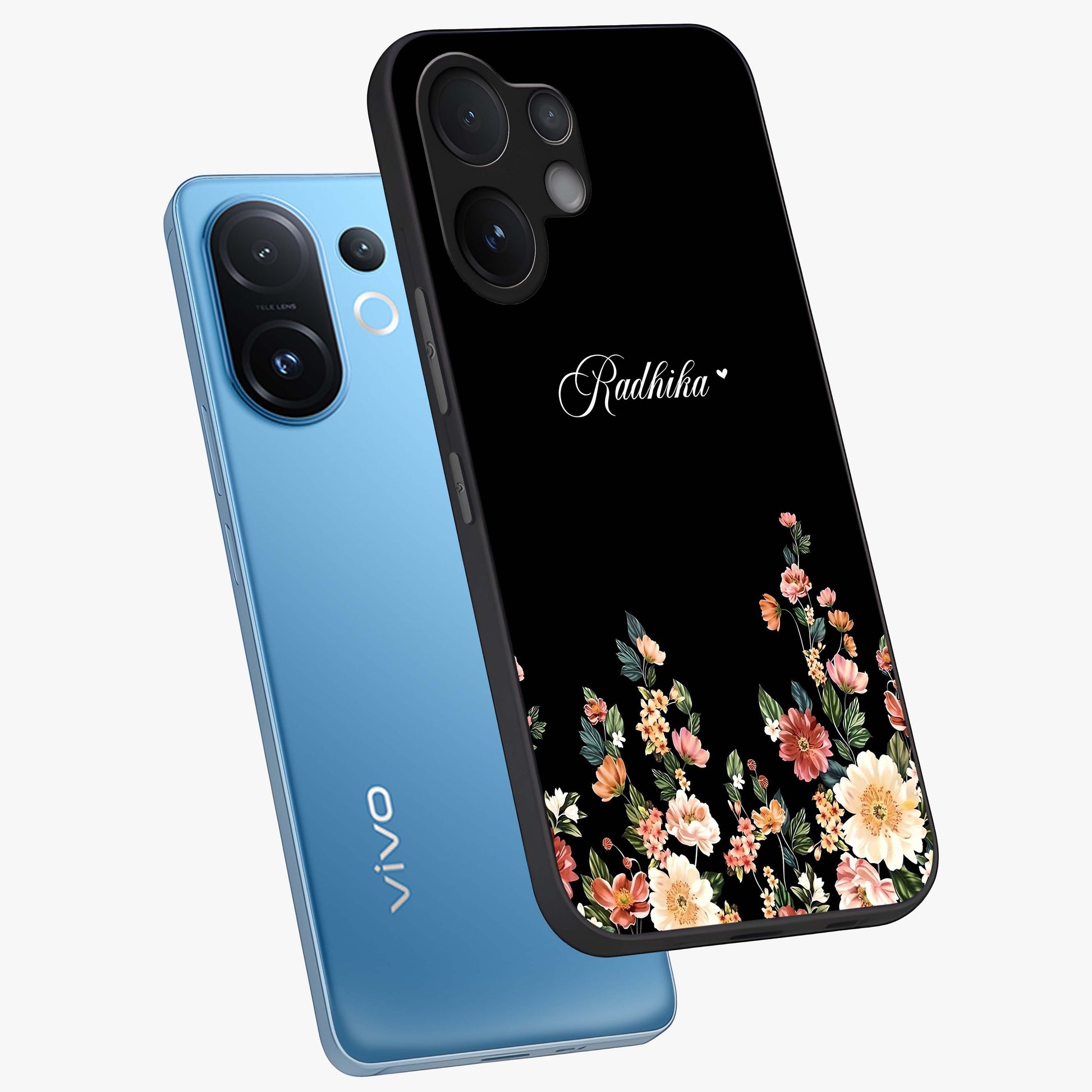 Floral Design With a Custom Personalized Name Glass Case displayed in angled mockup highlighting elegant floral pattern with custom name feature.