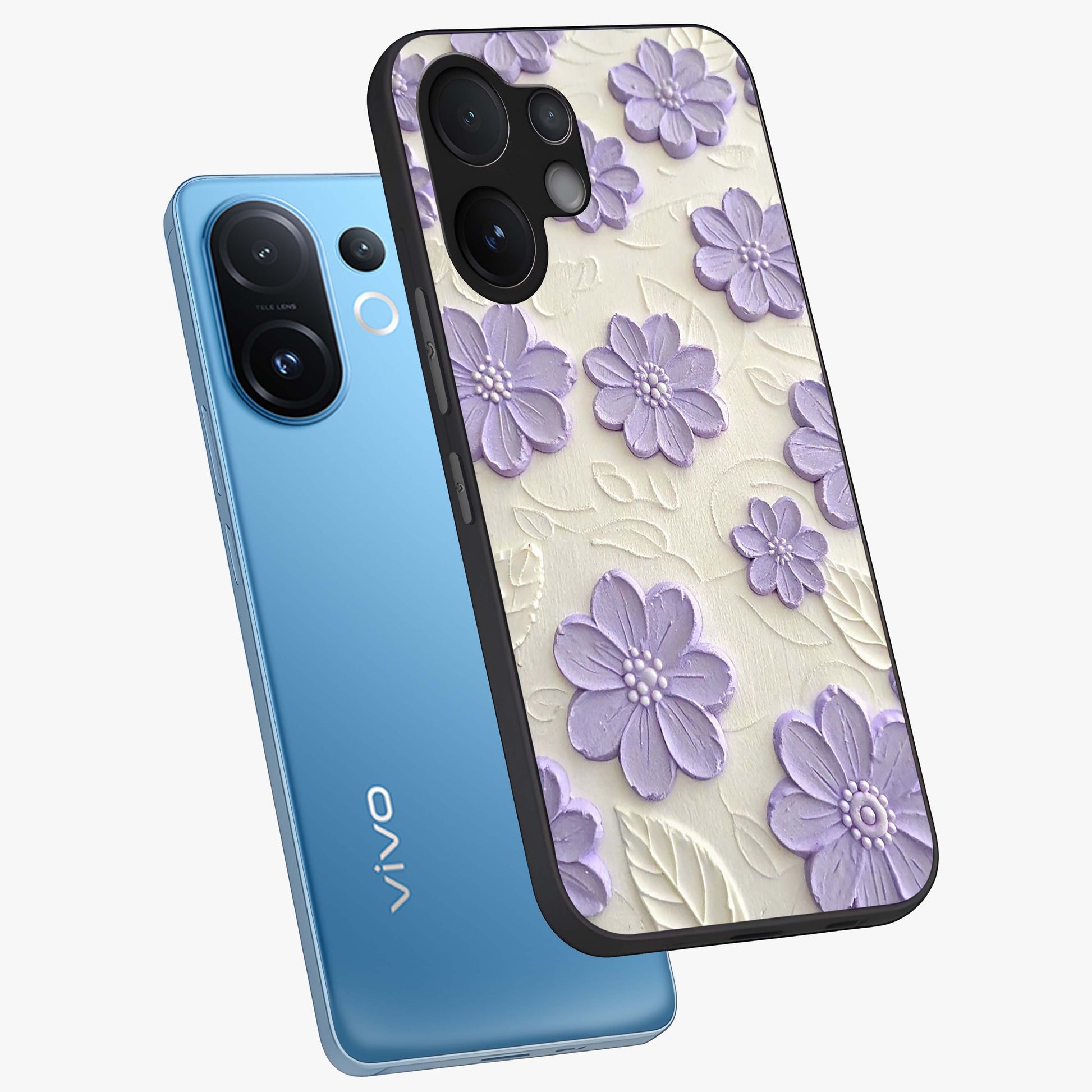 Floral Wall Art With Purple Flowers Glass Case displayed in angled mockup highlighting vibrant purple floral illustration with artistic aesthetic.