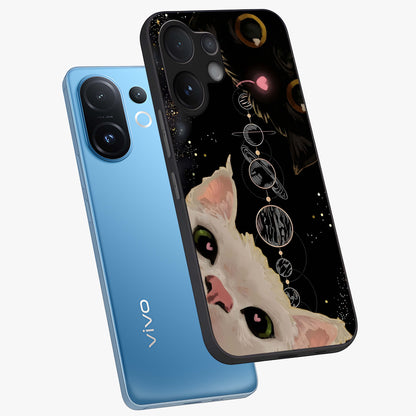 Galactic Cat Glass Case displayed in angled mockup highlighting celestial feline illustration with galaxy aesthetic style.