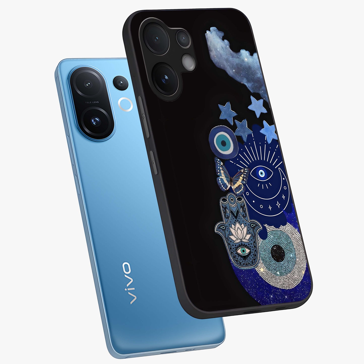 Galactic Charm Cluster Glass Case displayed in angled mockup highlighting luminous galaxy inspired design with dreamy aesthetic.