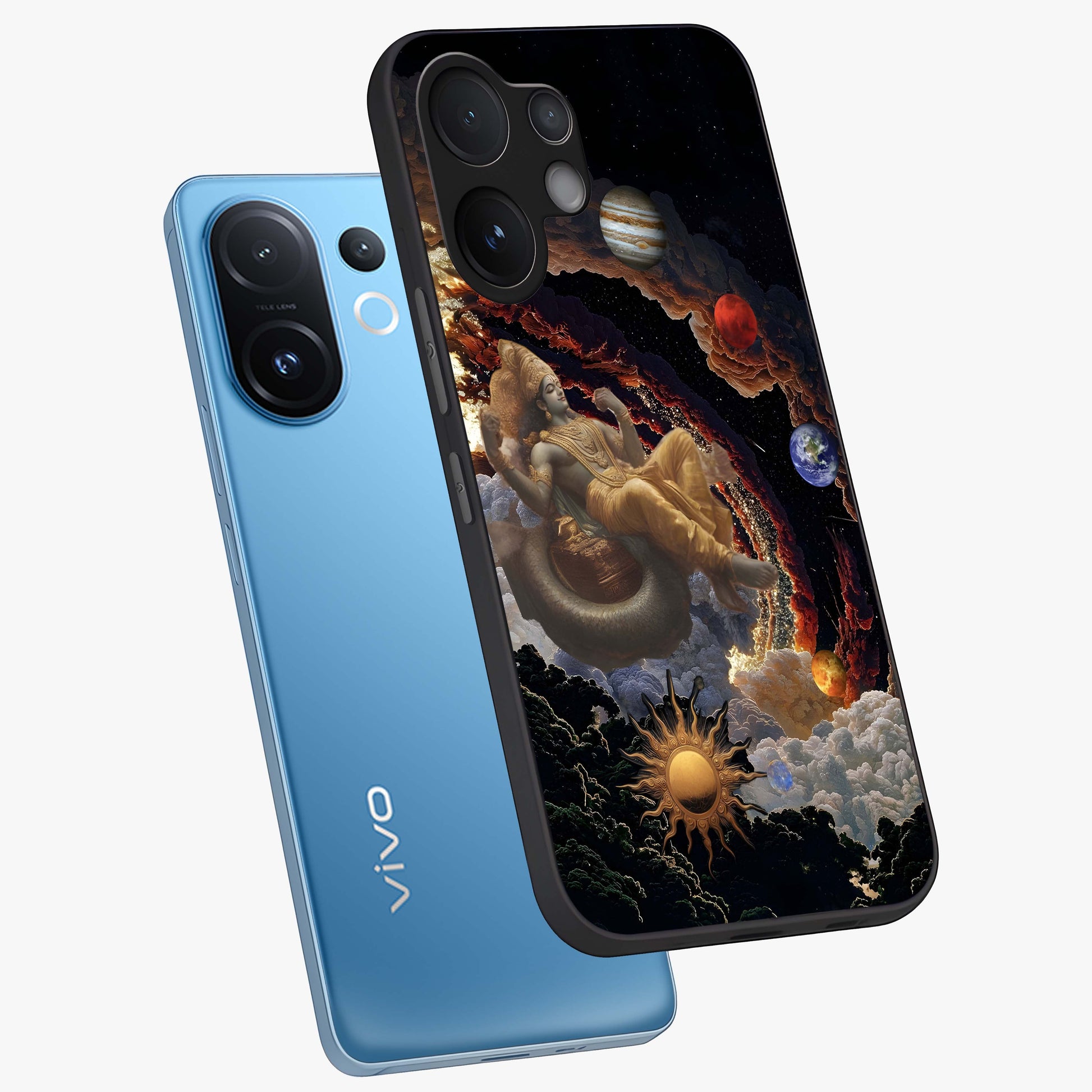 Galactic Divine God Glass Case displayed in angled mockup highlighting powerful celestial deity illustration with galactic aesthetic.