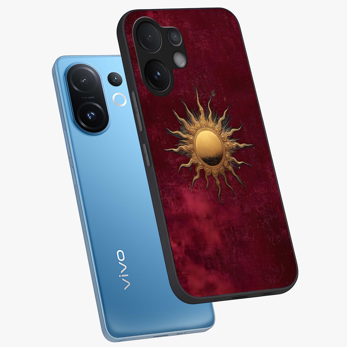 Golden Sun Minimalism Glass Case displayed in angled mockup highlighting clean sun symbol design with modern minimal aesthetic.