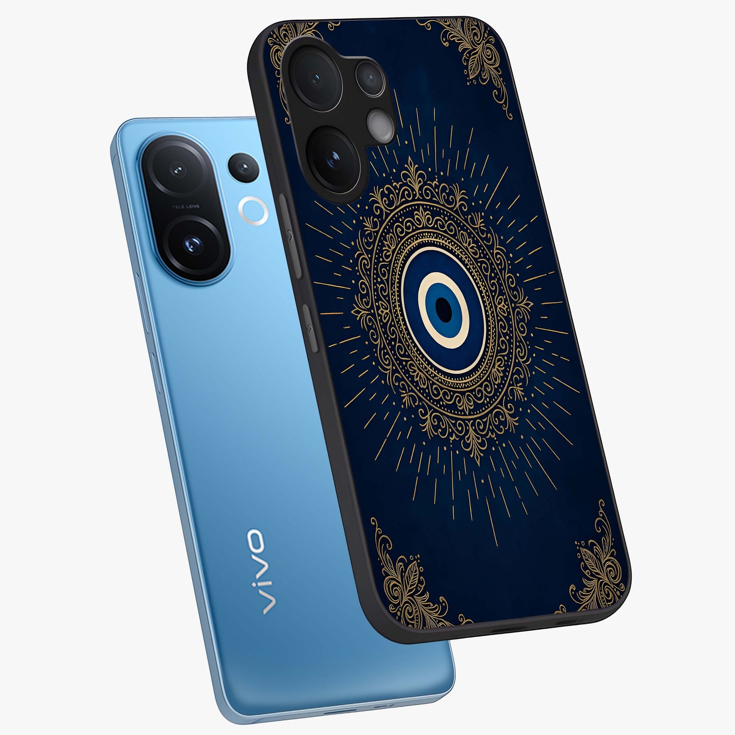 Golden Celestial Charm Glass Case displayed in angled mockup highlighting sparkling cosmic charm design with celestial aesthetic.