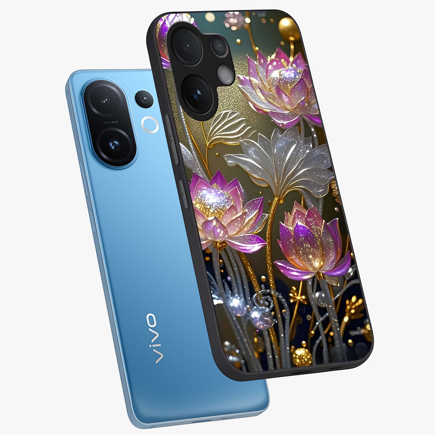 Golden Floral Majesty Glass Case displayed in angled mockup highlighting elegant flower design with royal golden aesthetic.