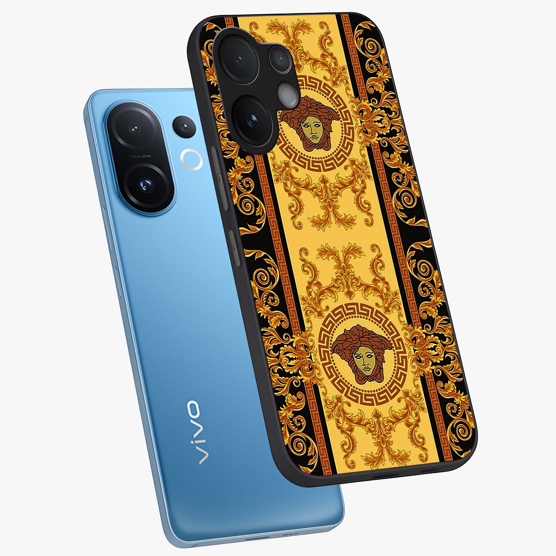 Golden Lotus Glow Glass Case displayed in angled mockup highlighting radiant lotus illustration with spiritual aesthetic.