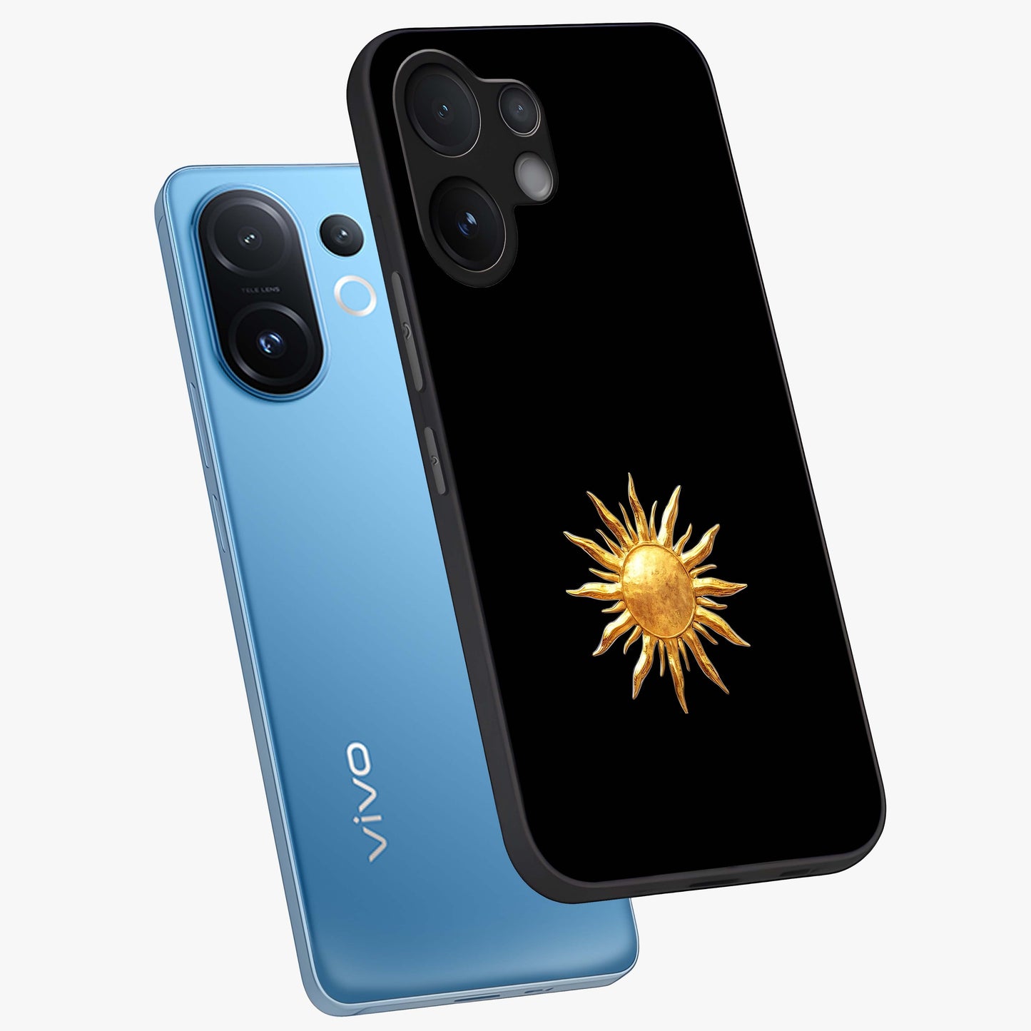 Golden Sun Minimalism Glass Case displayed in angled mockup highlighting eerie shadow illustration with gothic aesthetic.