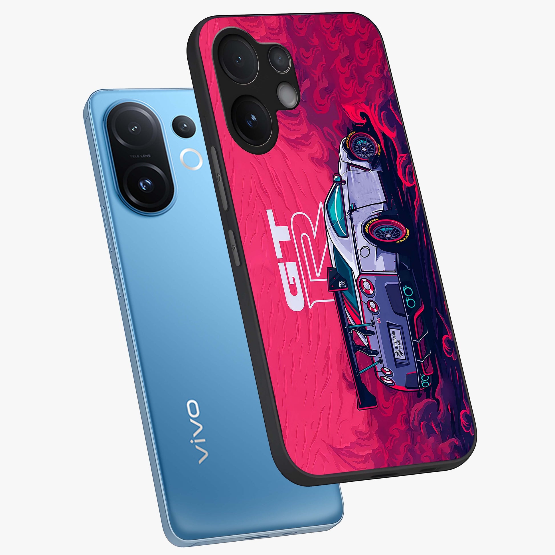GT-R Car Pattern Glass Case displayed in angled mockup highlighting racing car graphic design with bold automotive aesthetic.