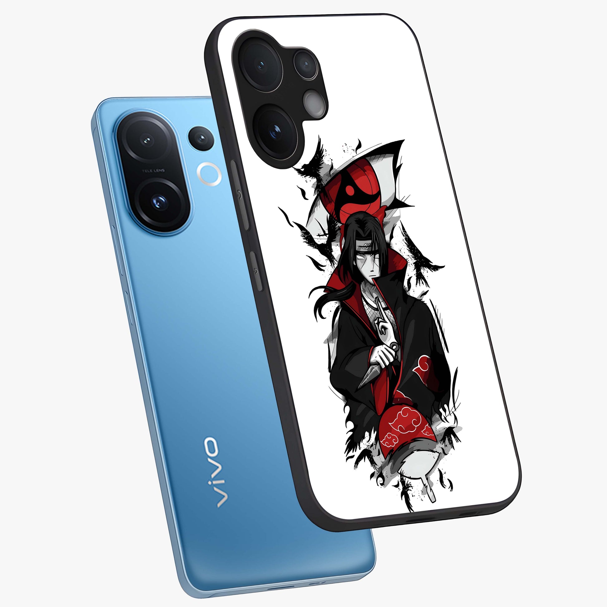 Itachi Limited Edition Naruto Anime Glass Case displayed in angled mockup highlighting dramatic anime illustration with bold action aesthetic.