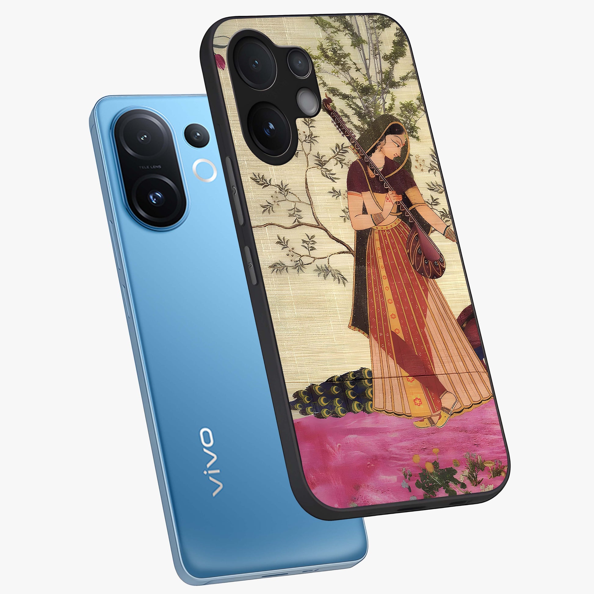 Lady With Veena Art Glass Case displayed in angled mockup highlighting graceful musical illustration with cultural artistic aesthetic.