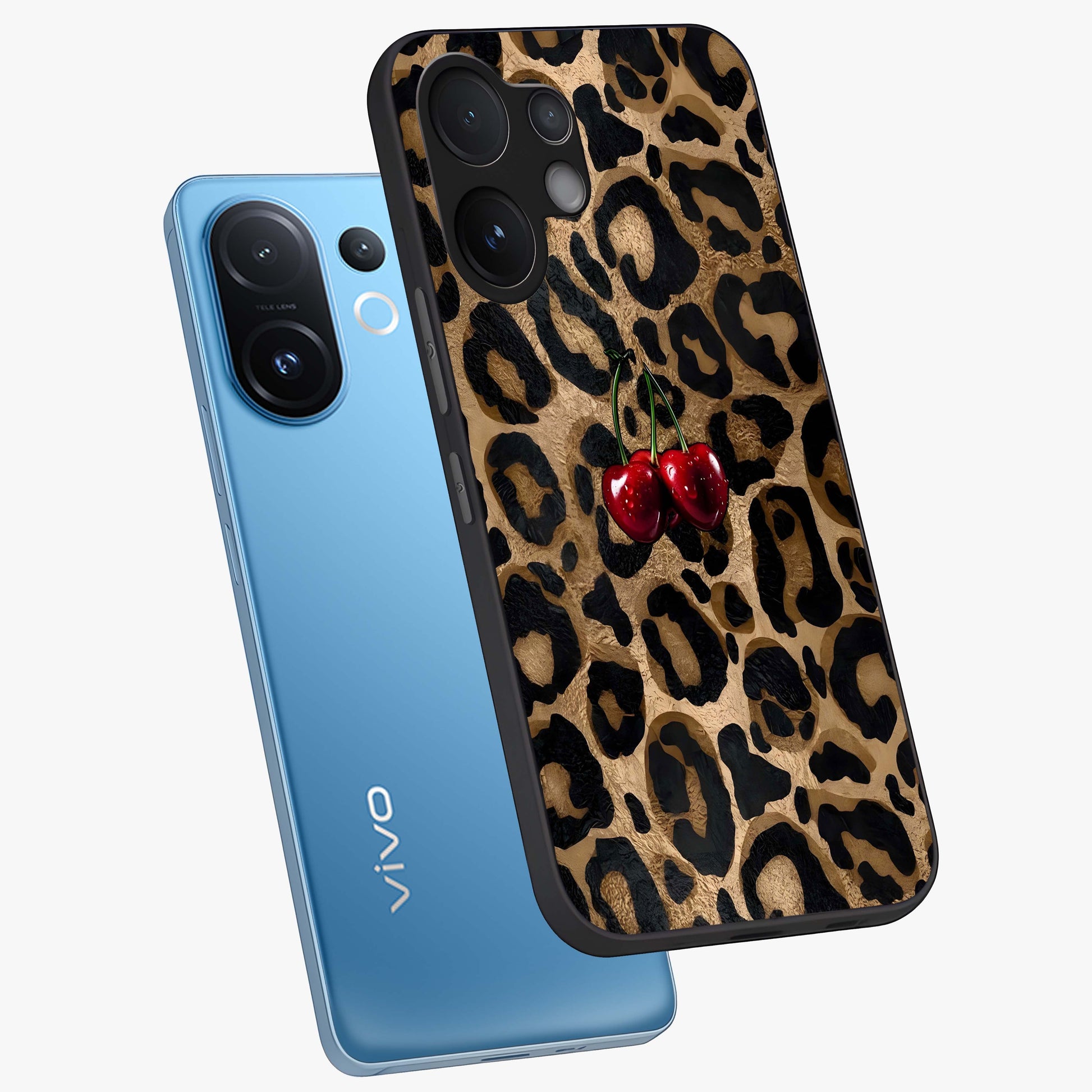 Leopard Wild Cherry Glass Case displayed in angled mockup highlighting bold animal print design with playful cherry aesthetic.