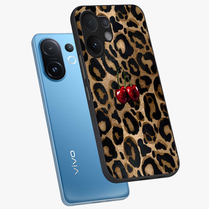 Leopard Wild Cherry Glass Case displayed in angled mockup highlighting bold animal print design with playful cherry aesthetic.