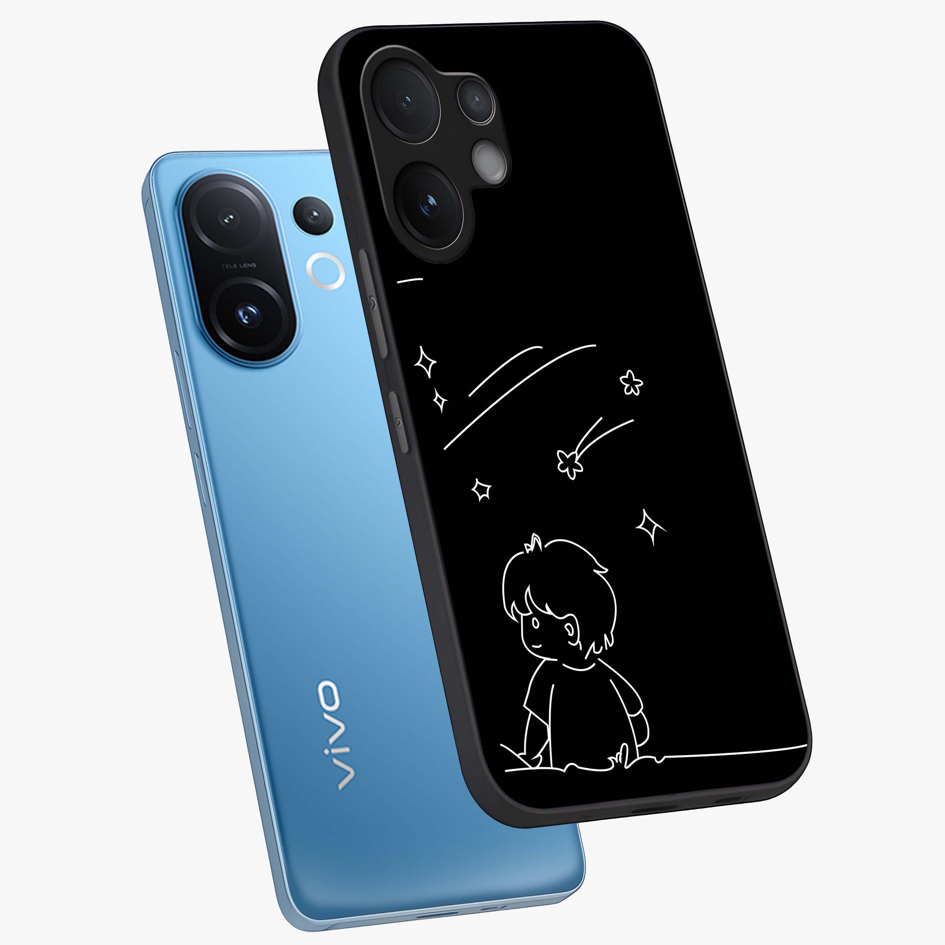 Line Art Boy With Shooting Stars Glass Case displayed in angled mockup highlighting elegant line art design with dreamy star aesthetic.