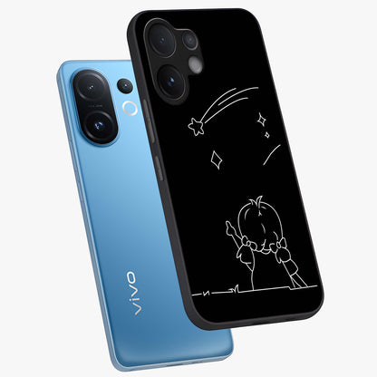 Line Art Girl With Shooting Stars Glass Case displayed in angled mockup highlighting elegant line art design with dreamy star aesthetic.