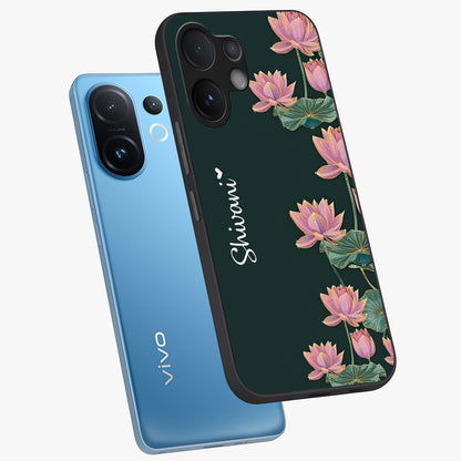 Lotus Bloom Serenity Custom Name Glass Case displayed in angled mockup highlighting graceful lotus illustration with custom name feature.