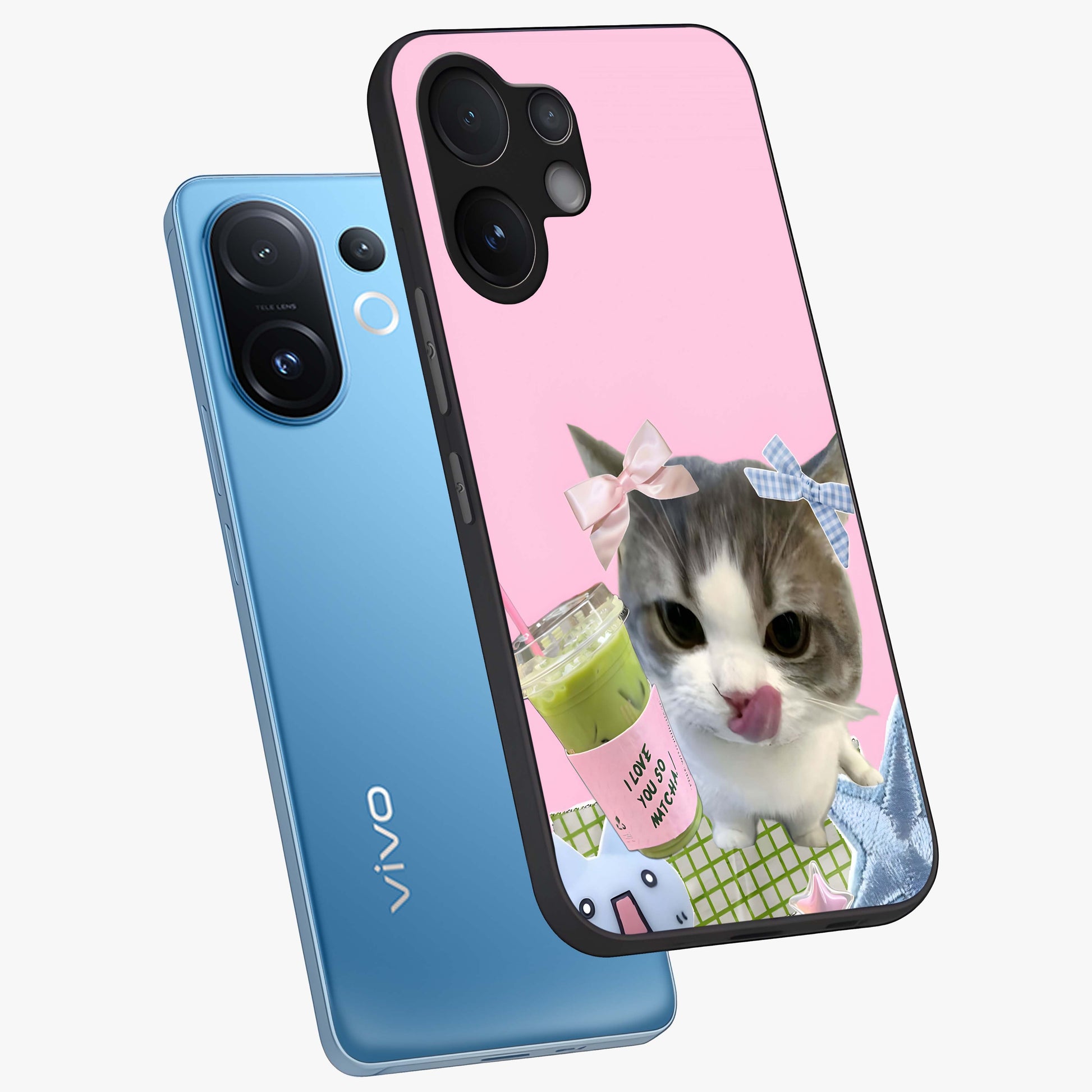 Love Matcha Cat Glass Case displayed in angled mockup highlighting playful feline illustration with cozy matcha aesthetic.