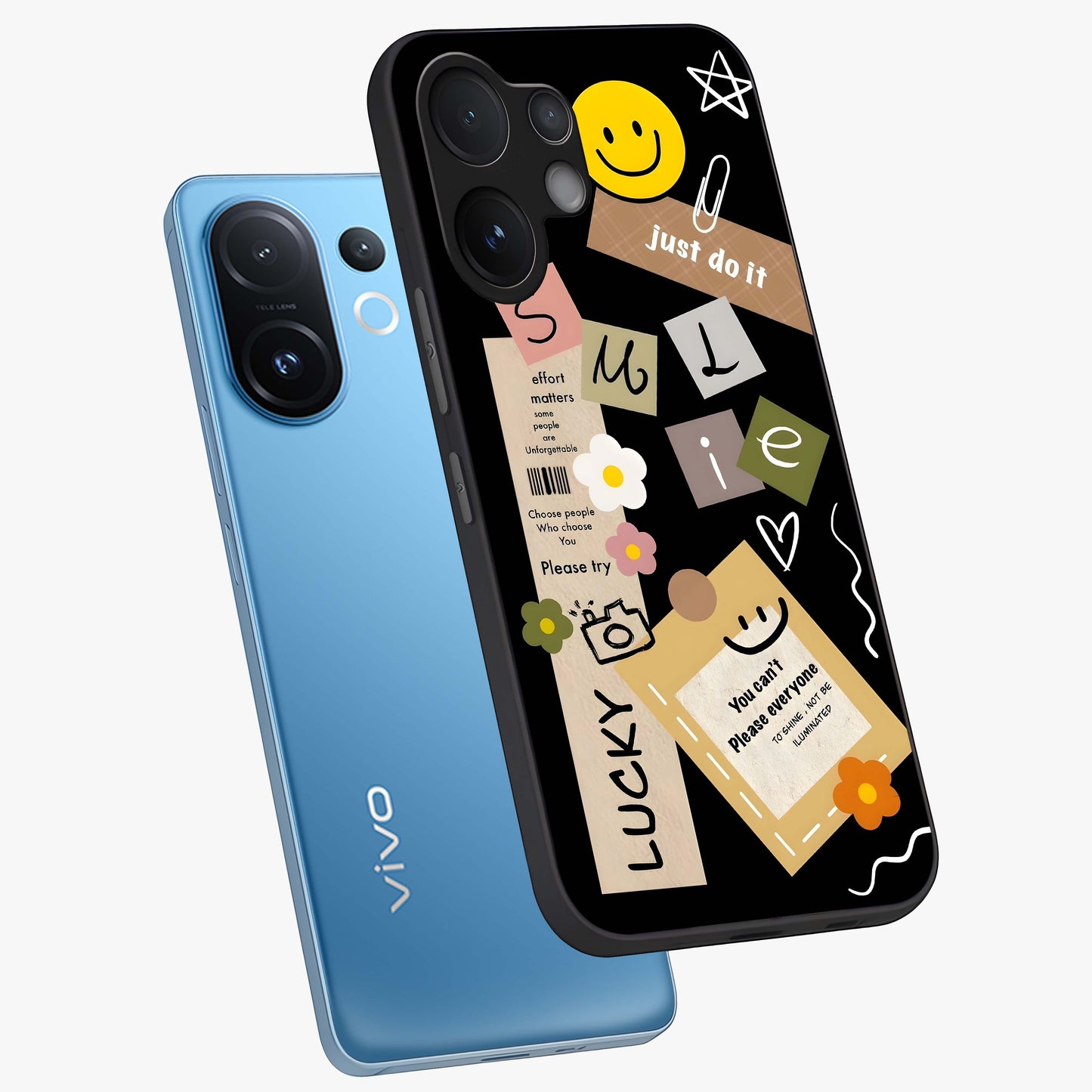Lucky Aesthetic Collage Glass Case displayed in angled mockup highlighting stylish collage pattern with modern aesthetic vibe.