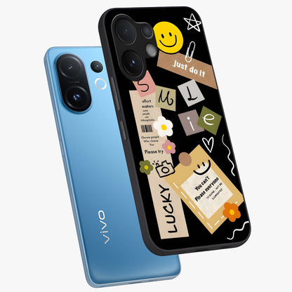 Lucky Aesthetic Collage Glass Case displayed in angled mockup highlighting stylish collage pattern with modern aesthetic vibe.
