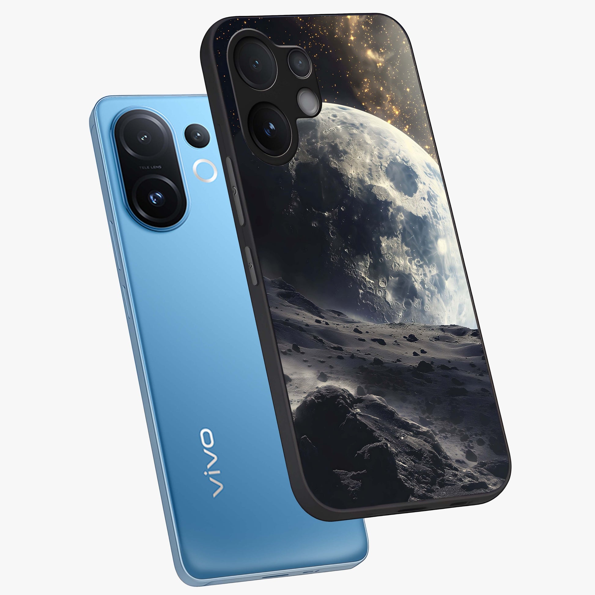 Lunar Horizon Glow Glass Case displayed in angled mockup highlighting celestial moon design with dreamy night aesthetic.