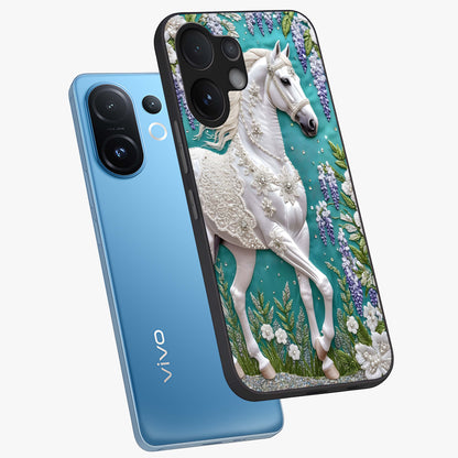 Majestic Floral Stallion Glass Case displayed in angled mockup highlighting majestic stallion illustration with elegant floral aesthetic.