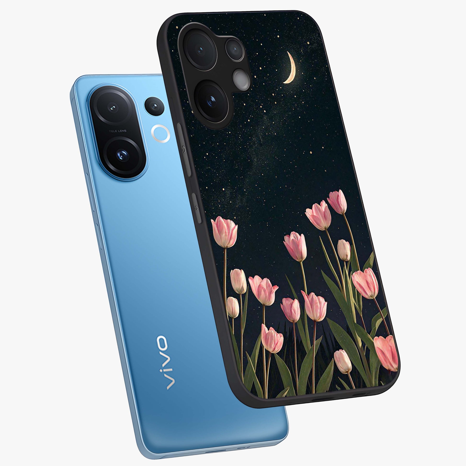 Midnight Tulip Whispers Vibe Glass Case displayed in angled mockup highlighting delicate tulip design with midnight floral aesthetic.