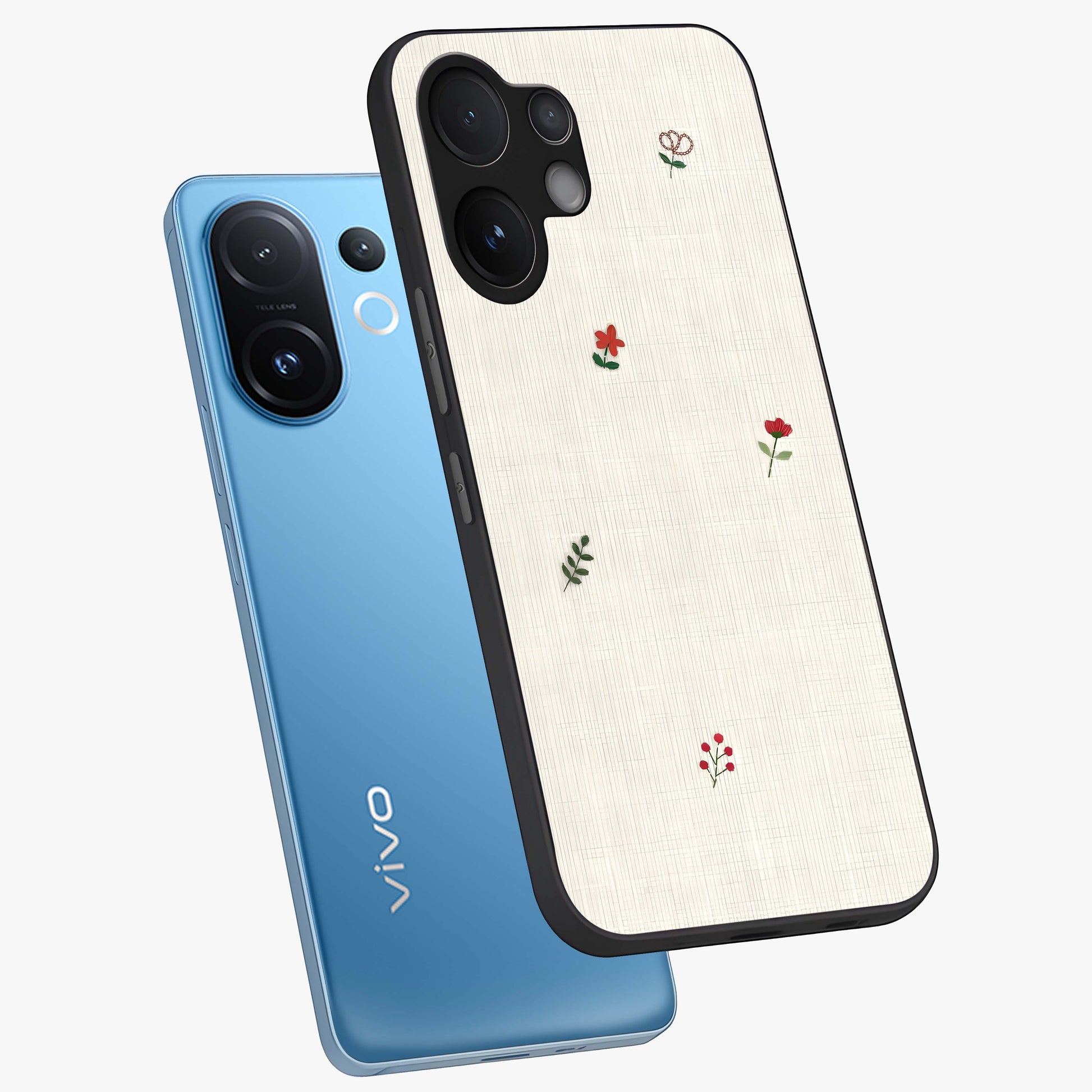 Minimalistic Blue With White Flower Pattern Glass Case displayed in angled mockup highlighting simple floral design with minimal aesthetic.