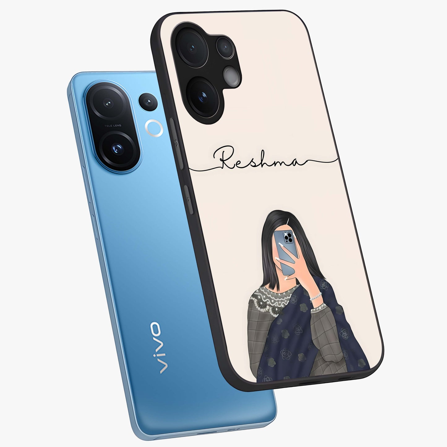 Mirror Mood Muse With Custom Name Glass Case displayed in angled mockup highlighting aesthetic mirror inspired design with custom name feature.