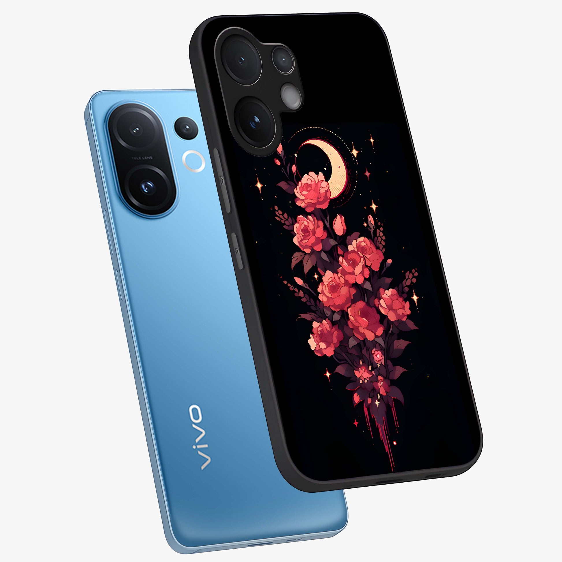 Moonlit Floral Elegance Glass Case displayed in angled mockup highlighting graceful flower design with soft moonlight aesthetic.
