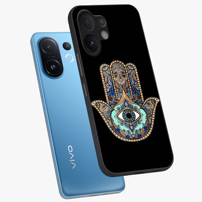 Mystic Hamsa Eye Glass Case displayed in angled mockup highlighting spiritual hamsa symbol with mystical aesthetic style.