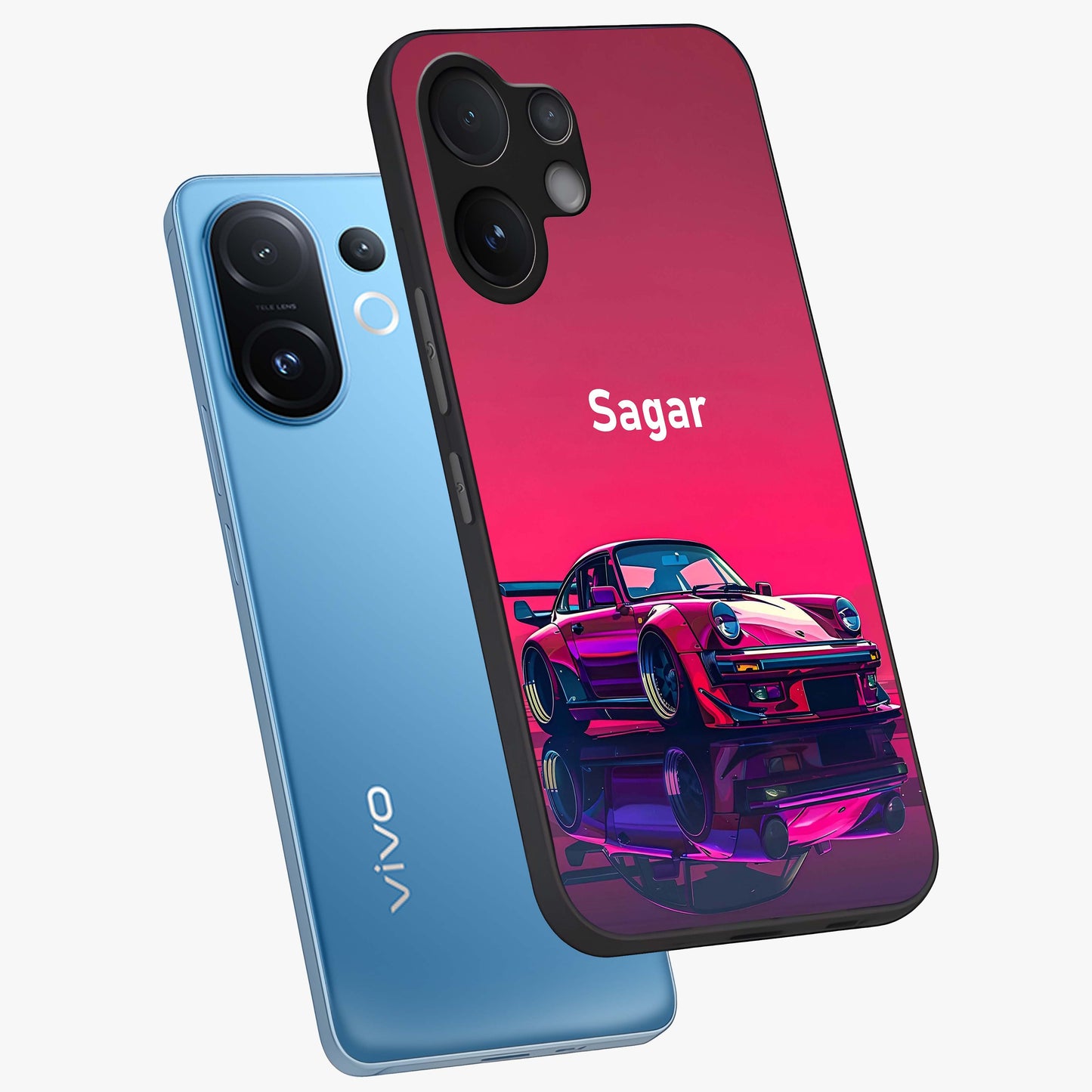 Neon Pink Porsche Glass Case displayed in angled mockup highlighting sleek neon pink car design with racing aesthetic.