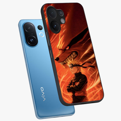 Nine Tails Legacy Glass Case displayed in angled mockup highlighting dynamic anime beast illustration with bold mystical aesthetic.