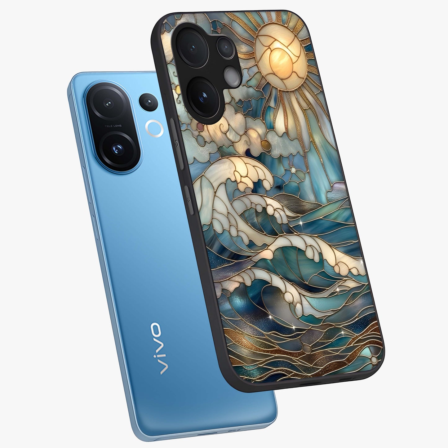 Oceanic Stained Printed Glass Case displayed in angled mockup highlighting colorful aquatic design with artistic aesthetic style.