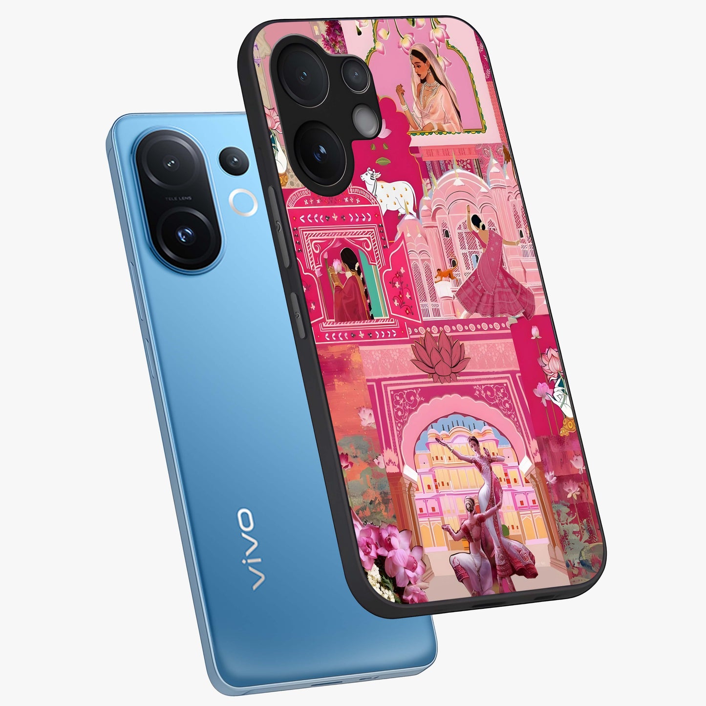 Pink Palace Muse Glass Case displayed in angled mockup highlighting dreamy palace illustration with soft pink aesthetic.