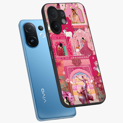 Pink Palace Muse Glass Case displayed in angled mockup highlighting dreamy palace illustration with soft pink aesthetic.