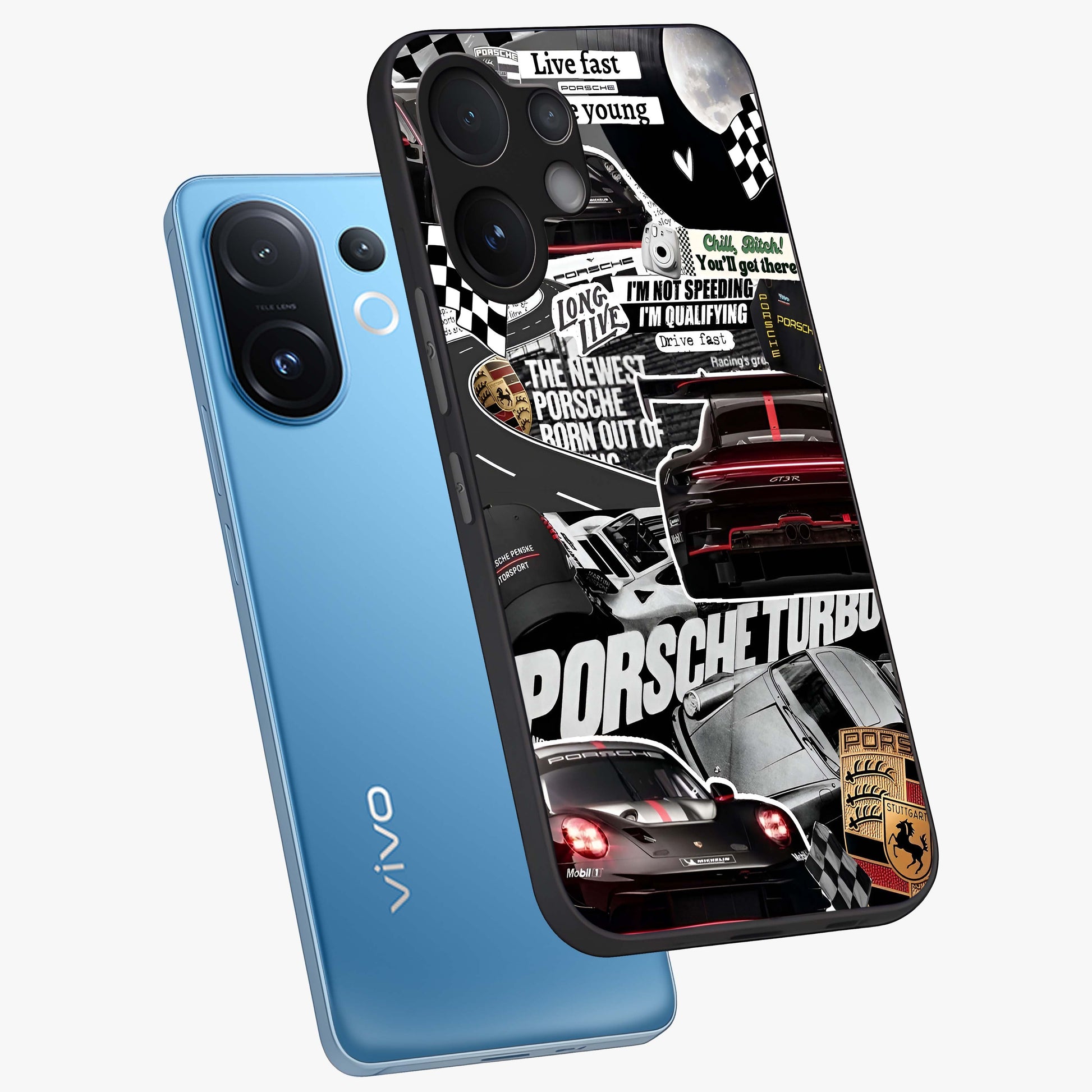 Porsche Racing Collage Glass Case displayed in angled mockup highlighting dynamic automotive design with bold racing aesthetic.