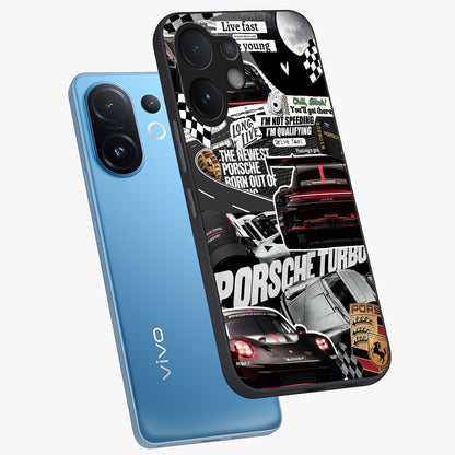 Porsche Racing Collage Glass Case displayed in angled mockup highlighting dynamic automotive design with bold racing aesthetic.