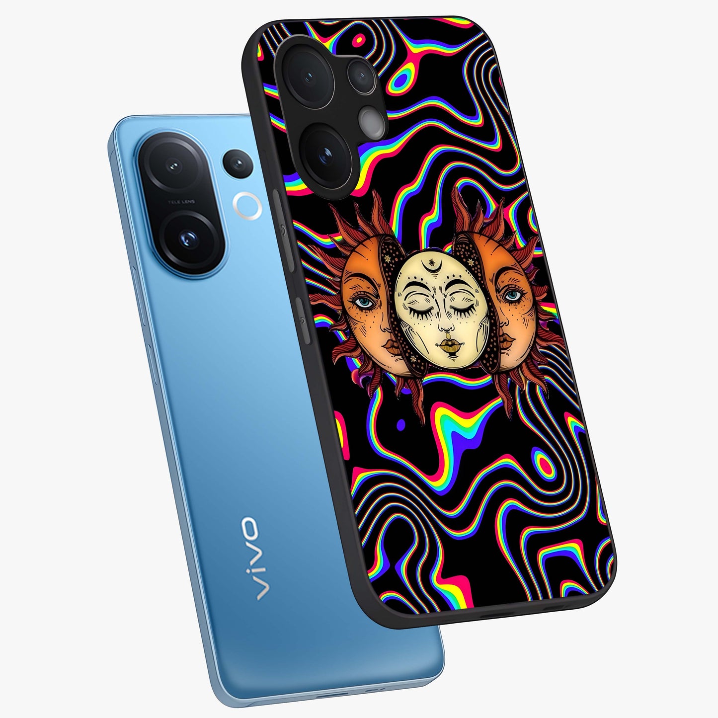 Psychedelic Sun Glass Case displayed in angled mockup highlighting vibrant abstract sun design with artistic aesthetic style.